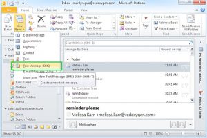 Outlook screenshot with text message button circled.