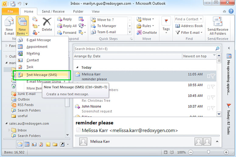 Outlook screenshot with text message button circled.