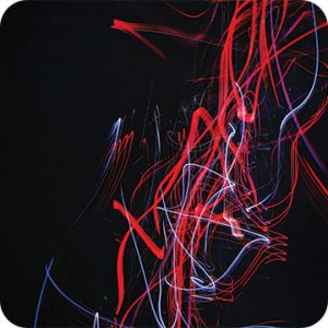 Red and blue abstract art with black background.