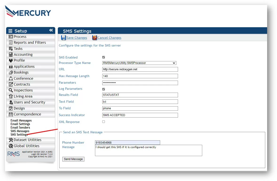SMS setting page in RMS Mercury system