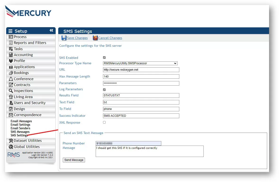 RMS Mercury SMS configuration interface page