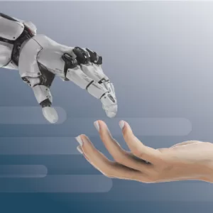 AI robot hand and human hand getting ready to shake hands