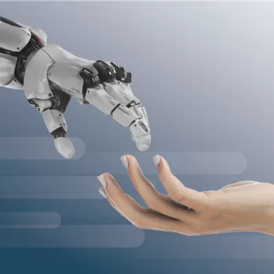 AI robot hand and human hand getting ready to shake hands