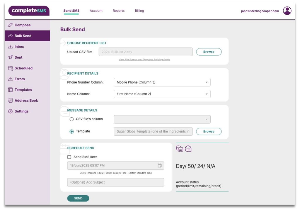 Image of the Bulk SMS page of the Complete SMS system