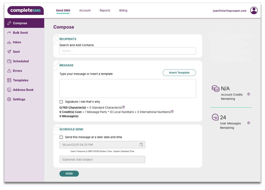 Image of the compose page of the Complete SMS interface